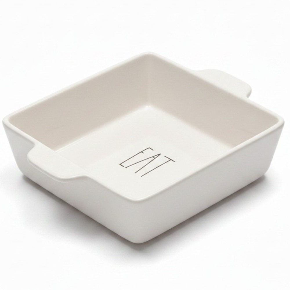 Rae Dunn EAT Square Baker White Ceramic Casserole Dish 8x8 Baking Pan Magenta